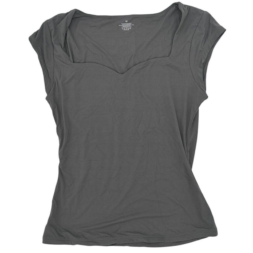 Women's Sweetheart Neck Cap Sleeve Top Solid Gray Fitted Stretch Shirt Sz M